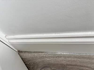 Clean skirting board corner on a wood-effect floor