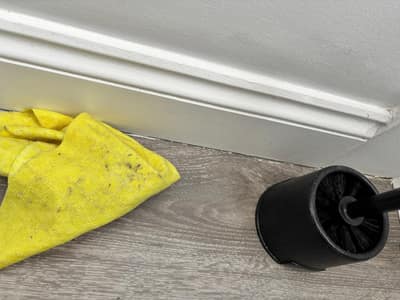 Skirting board with a cleaning cloth and brush