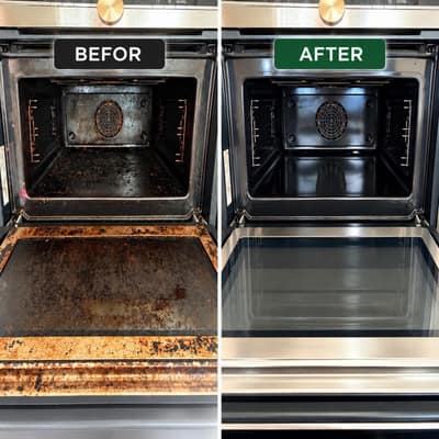 Oven before and after a deep clean: burnt-on grease removed from the interior and door glass