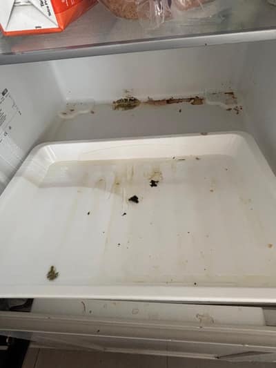 Fridge drawer with spills and stains before cleaning