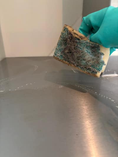 Degreasing a stainless steel cooker hood with a scrubbing sponge