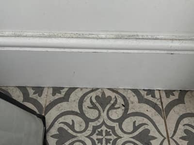 Skirting board above patterned floor tiles